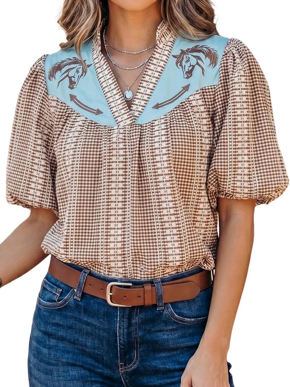 Western Horse Yoke Plaid Blouse - Brown & Light Blue. Never worn.